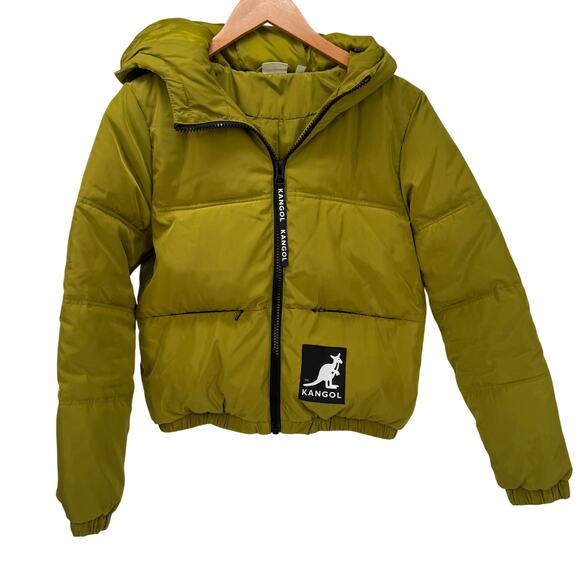 Kangol x H&M Puffer Jacket Womens XS Green Cropped Fit Hooded Full Zip - Picture 1 of 8